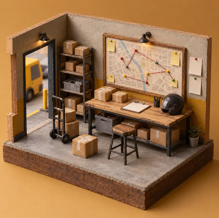 Illustration of courier businesses equipment and workspace